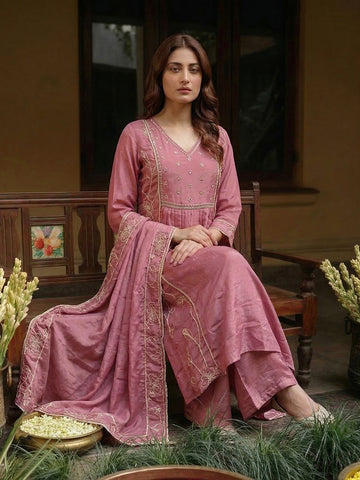 Onion Pink Embroidered Gathered Kurta and Palazzo Set