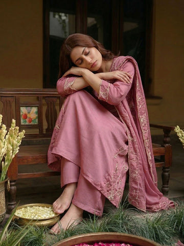 Onion Pink Embroidered Gathered Kurta and Palazzo Set