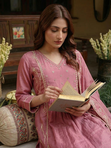 Onion Pink Embroidered Gathered Kurta and Palazzo Set