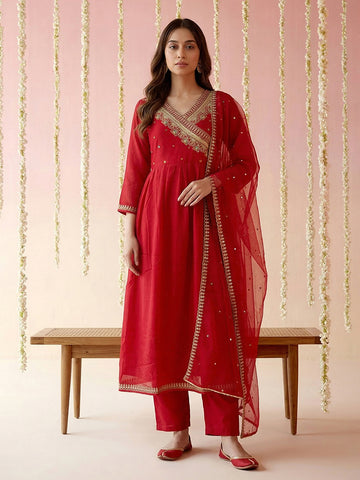Red Embroidered Angrakha Kurta with Trousers and Dupatta Set