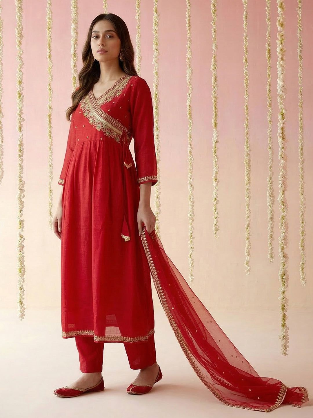 Red Embroidered Angrakha Kurta with Trousers and Dupatta Set