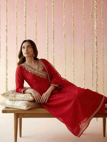 Red Embroidered Angrakha Kurta with Trousers and Dupatta Set