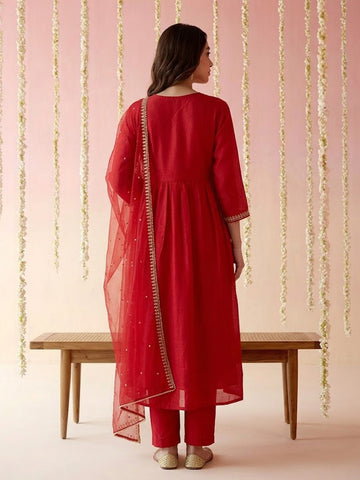Red Embroidered Angrakha Kurta with Trousers and Dupatta Set