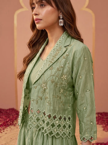 Sage Green Bead Embroidered Jacket with Crop Top and Palazzo Set