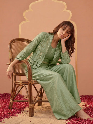 Sage Green Bead Embroidered Jacket with Crop Top and Palazzo Set