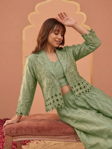 Sage Green Bead Embroidered Jacket with Crop Top and Palazzo Set
