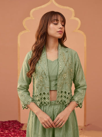 Sage Green Bead Embroidered Jacket with Crop Top and Palazzo Set