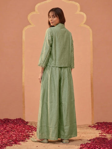 Sage Green Bead Embroidered Jacket with Crop Top and Palazzo Set