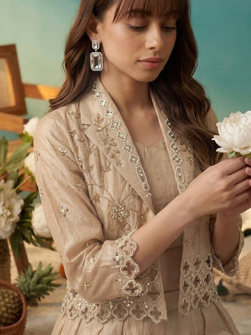 Beige Bead Embroidered Jacket with Crop Top and Palazzo Set