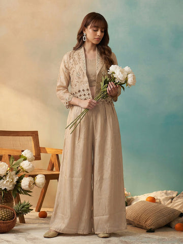 Beige Bead Embroidered Jacket with Crop Top and Palazzo Set