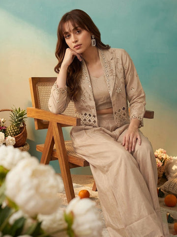 Beige Bead Embroidered Jacket with Crop Top and Palazzo Set