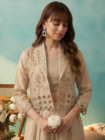 Beige Bead Embroidered Jacket with Crop Top and Palazzo Set