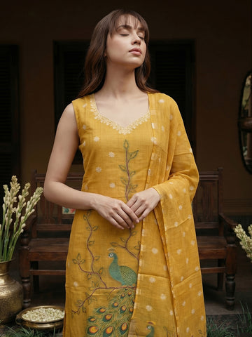 Mustard Peacock Motif Sleeveless Kurta and Trouser Set