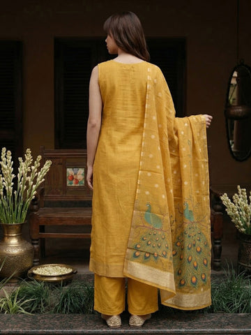 Mustard Peacock Motif Sleeveless Kurta and Trouser Set