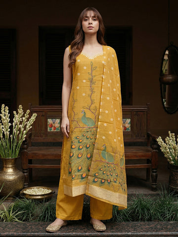 Mustard Peacock Motif Sleeveless Kurta and Trouser Set