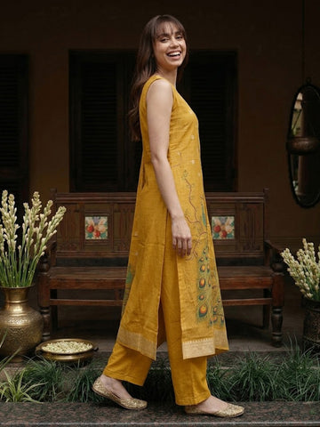 Mustard Peacock Motif Sleeveless Kurta and Trouser Set