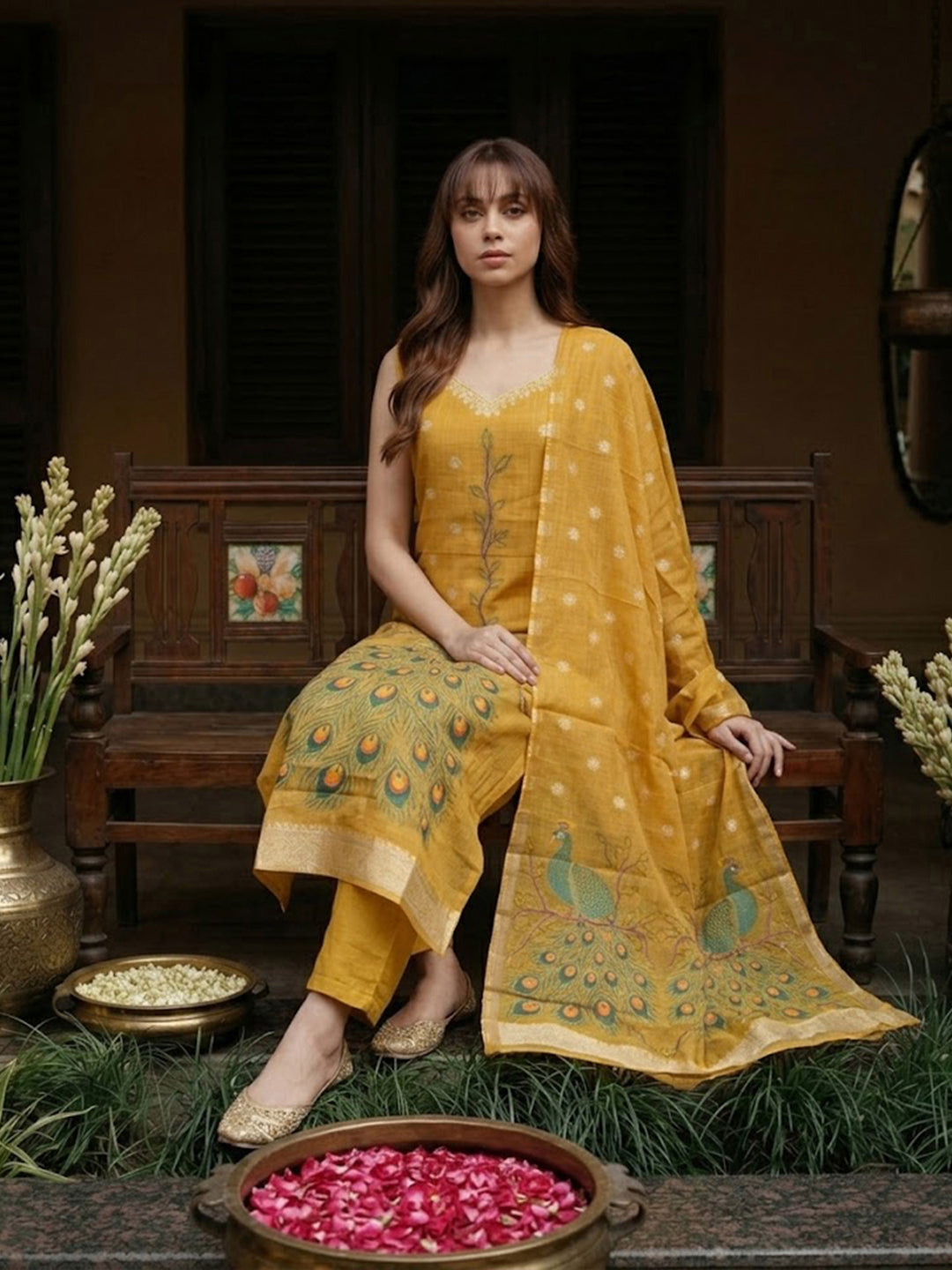 Mustard Peacock Motif Sleeveless Kurta and Trouser Set