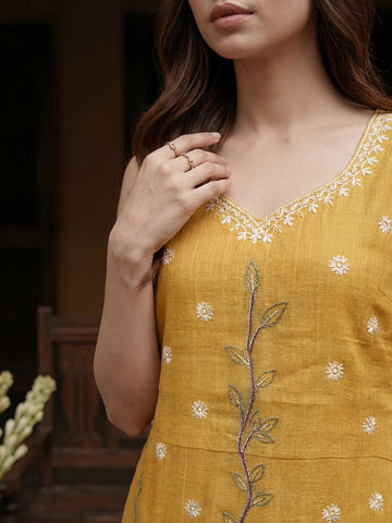 Mustard Peacock Motif Sleeveless Kurta and Trouser Set