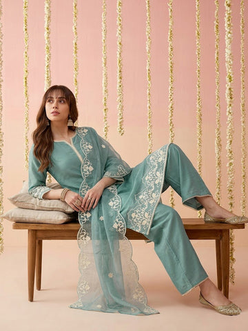 Pastel Blue Embroidered Kurta with Trousers and Dupatta Set