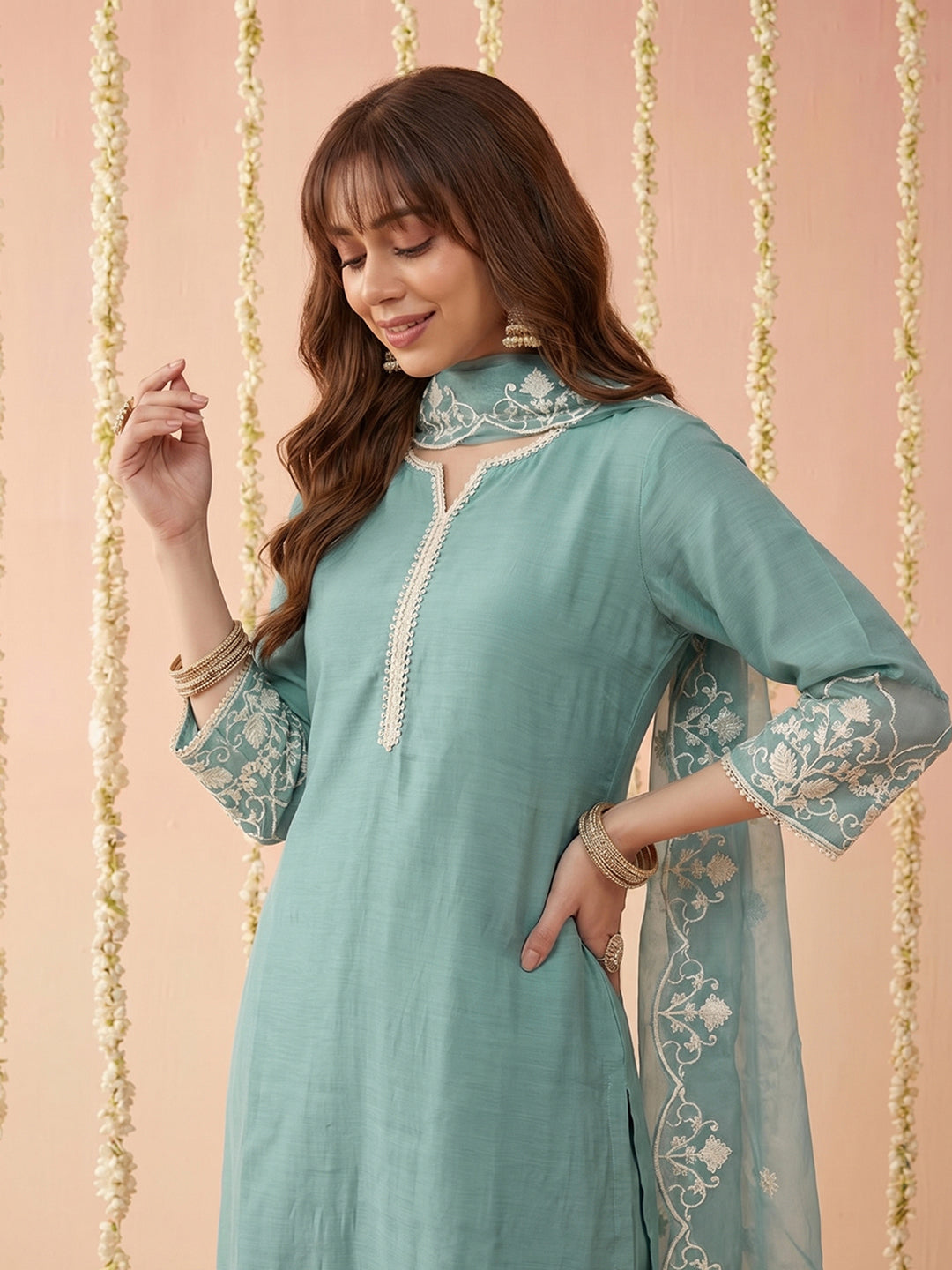 Pastel Blue Embroidered Kurta with Trousers and Dupatta Set