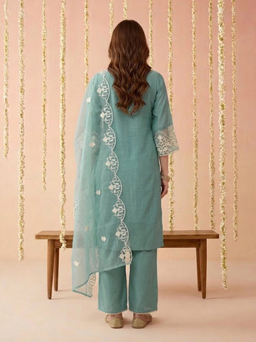 Pastel Blue Embroidered Kurta with Trousers and Dupatta Set