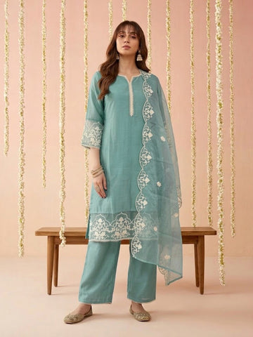 Pastel Blue Embroidered Kurta with Trousers and Dupatta Set