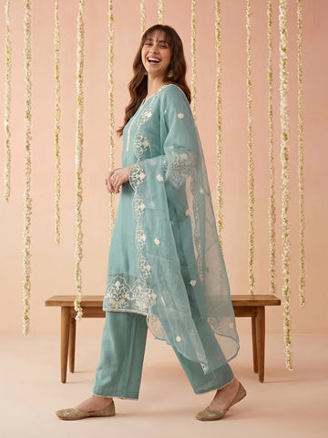 Pastel Blue Embroidered Kurta with Trousers and Dupatta Set