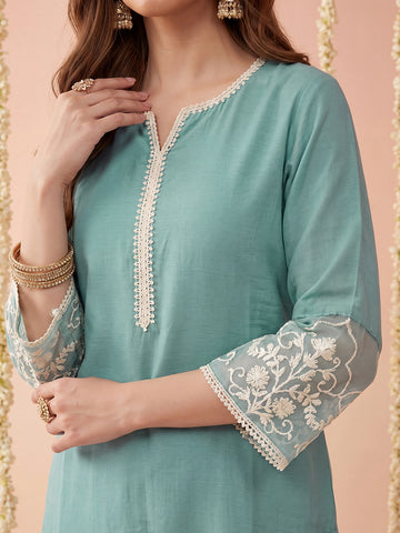 Pastel Blue Embroidered Kurta with Trousers and Dupatta Set
