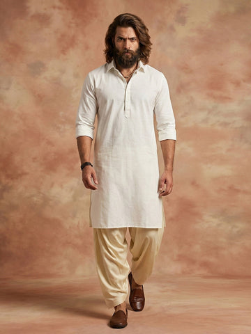 Men's Off-White Cotton Kurta with Cream Patiala Salwar Set