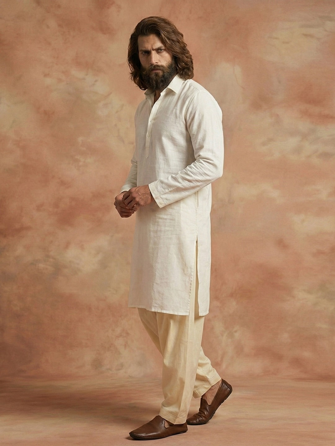 Men's Off-White Cotton Kurta with Cream Patiala Salwar Set