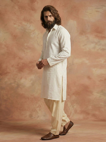 Men's Off-White Cotton Kurta with Cream Patiala Salwar Set
