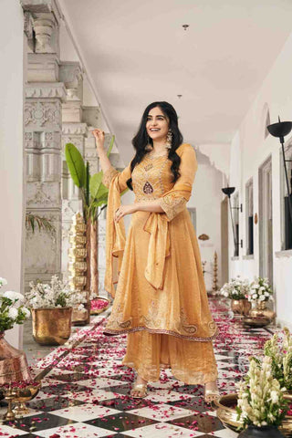 Elegant Mustard Yellow Anarkali Kurti, Paijama & Dupatta Set with Intricate Embroidery