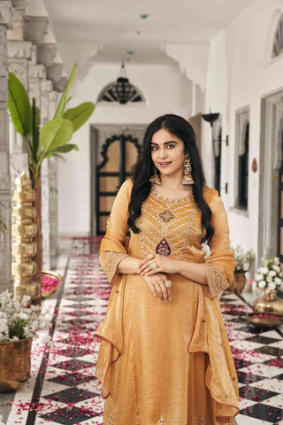 Elegant Mustard Yellow Anarkali Kurti, Paijama & Dupatta Set with Intricate Embroidery