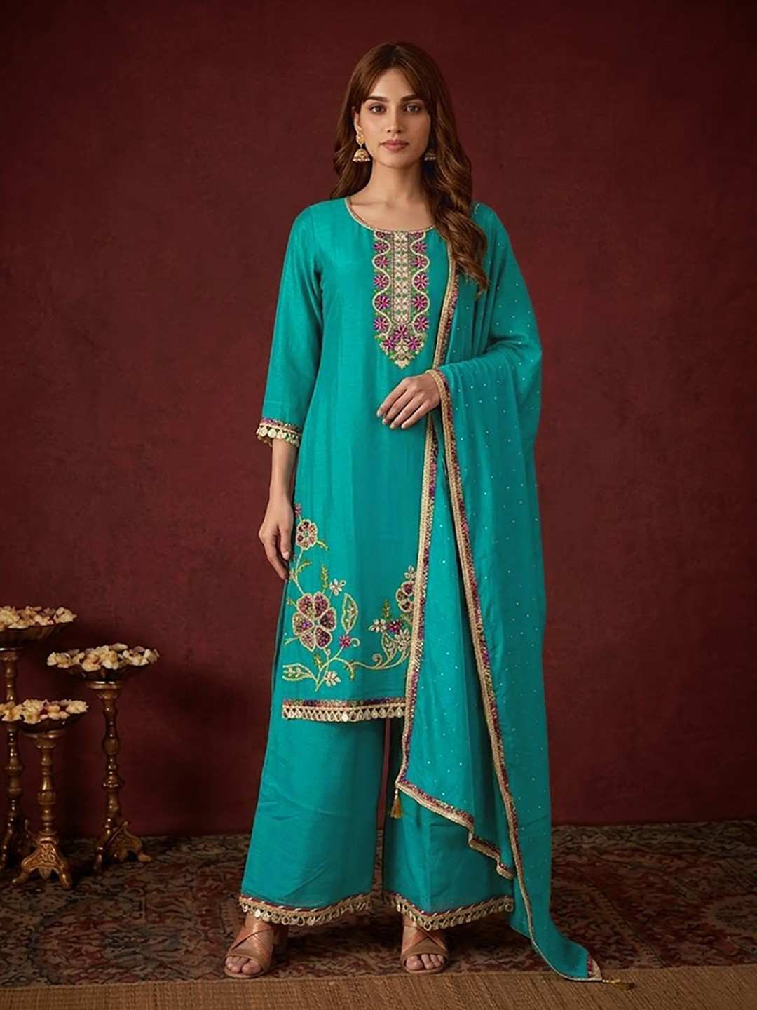 Teal Blue Embroidered Short Kurta and Flared Palazzo Set