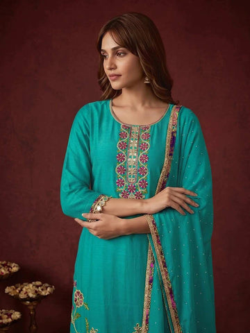 Teal Blue Embroidered Short Kurta and Flared Palazzo Set