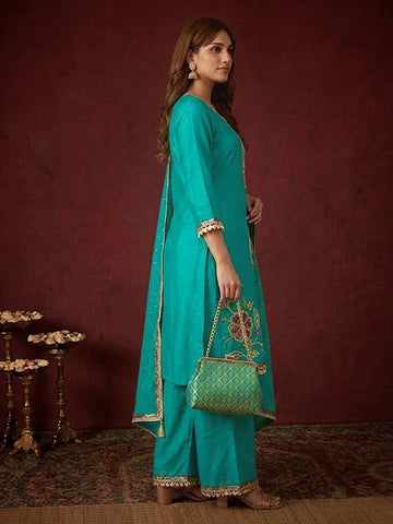 Teal Blue Embroidered Short Kurta and Flared Palazzo Set