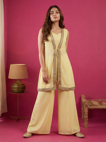 Pastel Yellow Yellow Embroidered Sleeveless Jacket and Palazzo Set