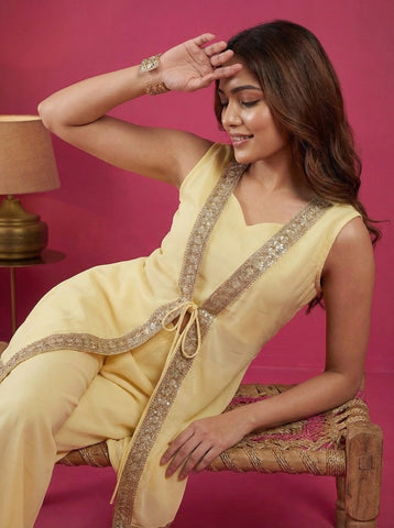Pastel Yellow Yellow Embroidered Sleeveless Jacket and Palazzo Set
