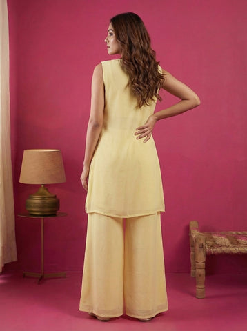 Pastel Yellow Yellow Embroidered Sleeveless Jacket and Palazzo Set