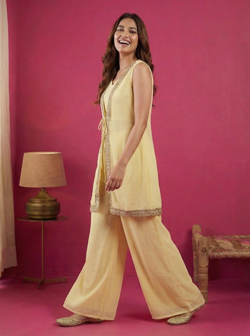 Pastel Yellow Yellow Embroidered Sleeveless Jacket and Palazzo Set