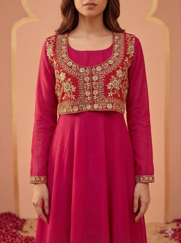 Rani Pink Mughal Koti Gown with Embroidered Jacket